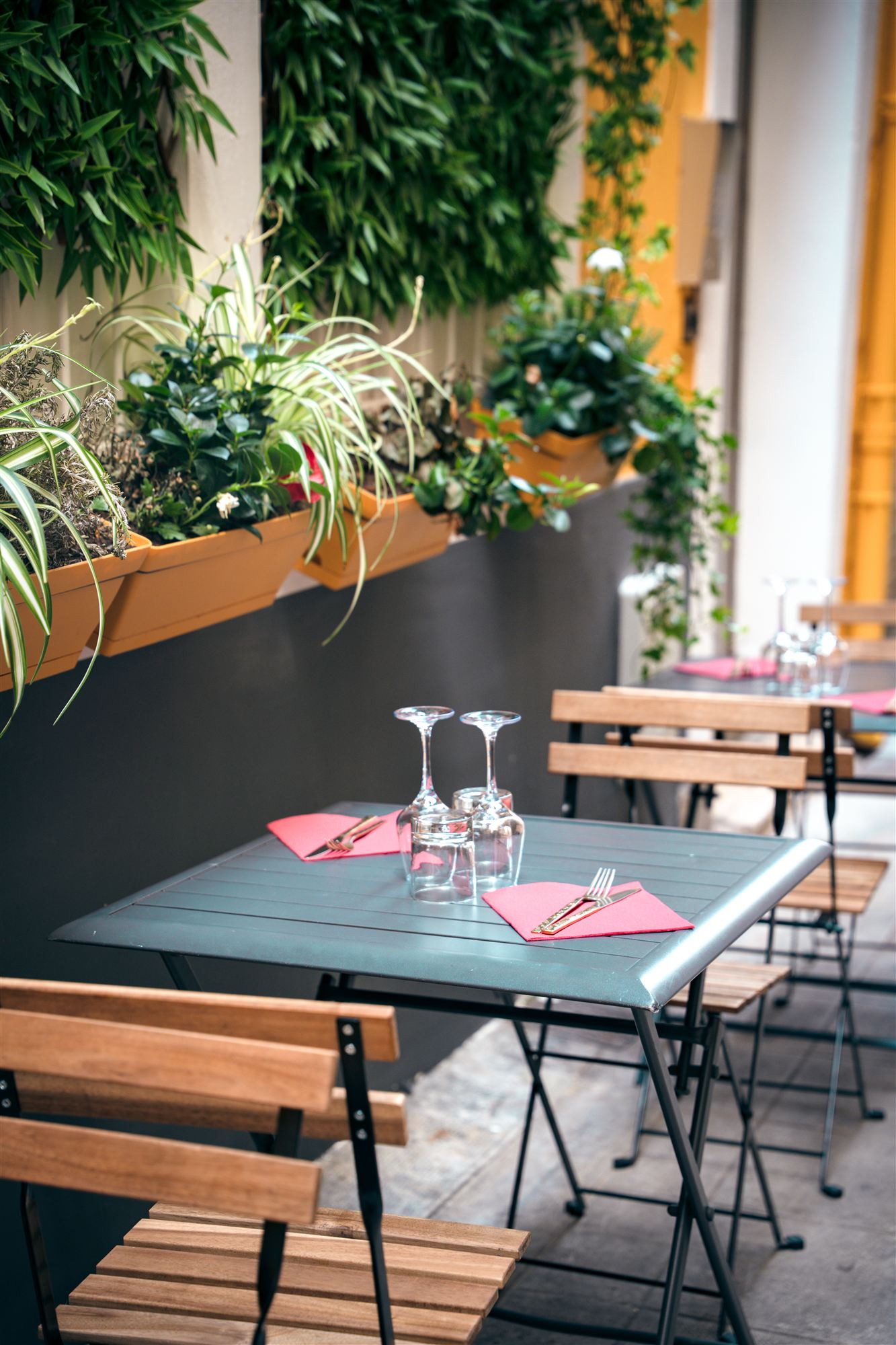 La terrasse du Bistrot du Fromager et son mur végétal